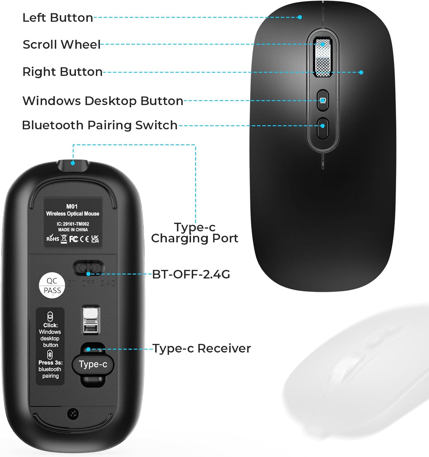 RaceGT USB C Wireless Mouse, Rechargeable Dual-Mode Mouse(Type-c and Bluetooth), Silent Bluetooth Mice for MacBook Air/Pro, Slim Portable Travel Mice for iPad Mac Laptop PC Computer